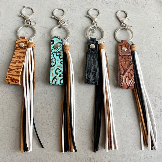 Embossed brown leather keychain
